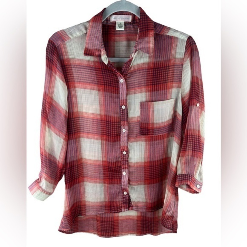 Band of Gypsies women’s red white plaid button down hi lo hem shirt XS